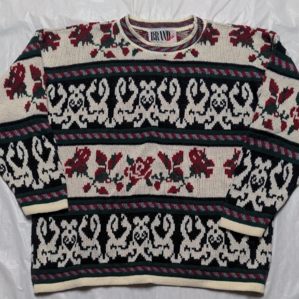 Vintage Made In USA Floral Print Cottagecore Crewneck Sweater Sz Lg Red Black